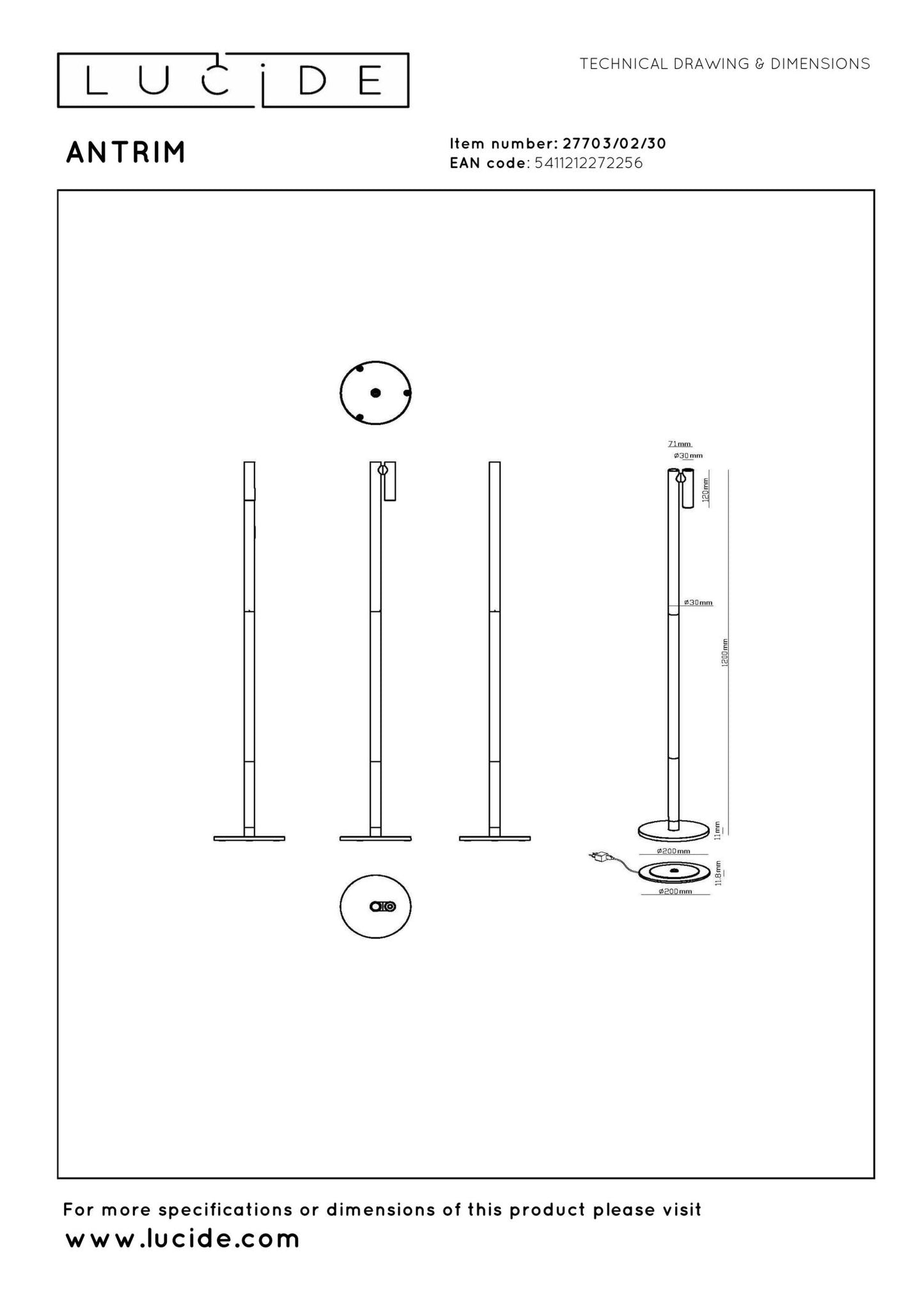 Oplaadbare vloerlamp Antrim 1-lichts incl. LED