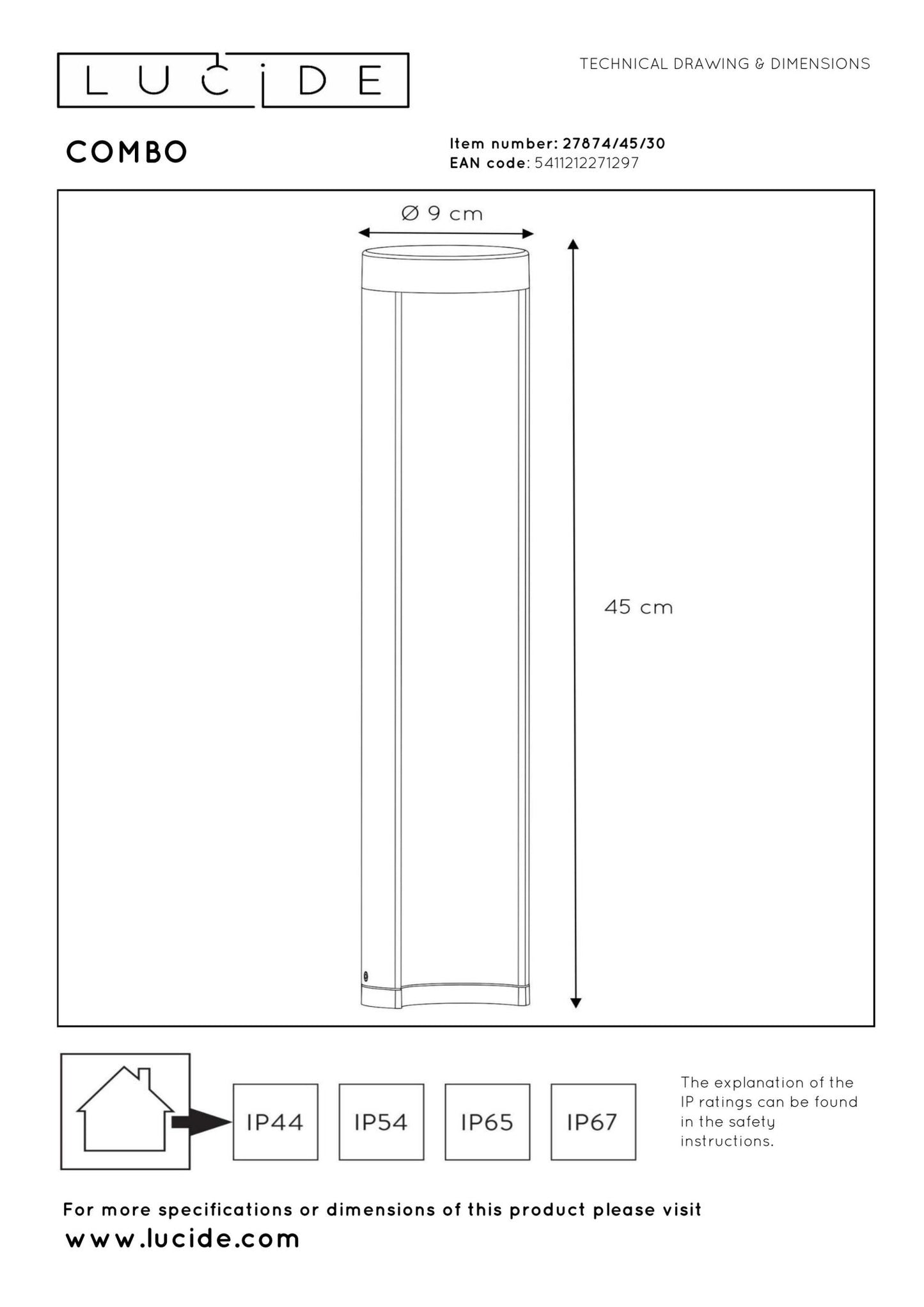 Sokkellamp buiten Combo 45cm incl. LED