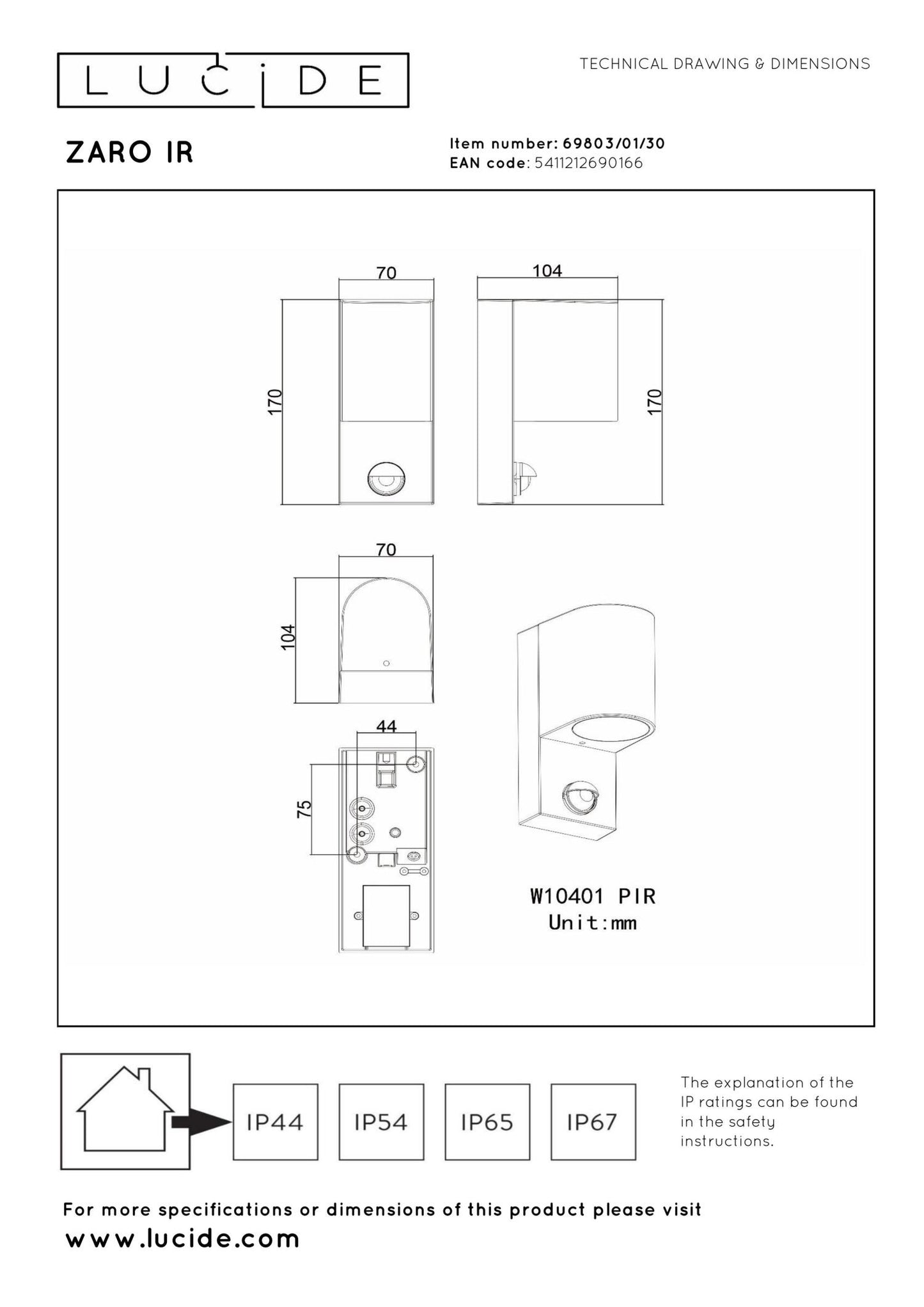 Wandlamp buiten Zaro rond bewegingssensor 1xGU10