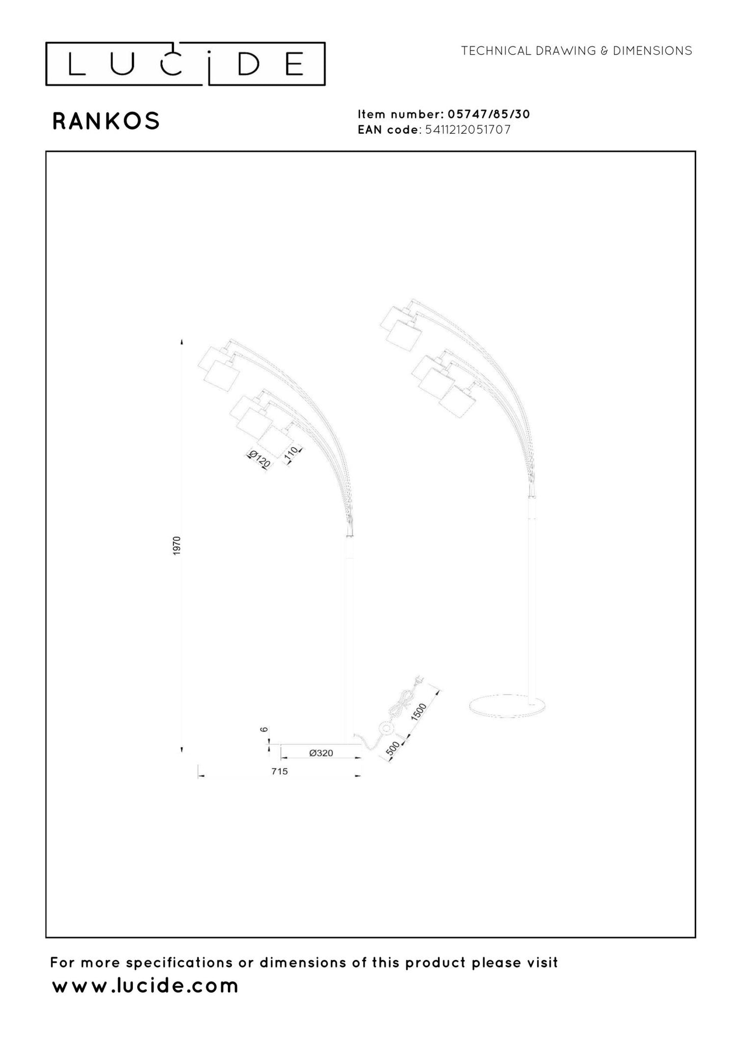 Lucide RANKOS Vloerlamp  zwart/brons