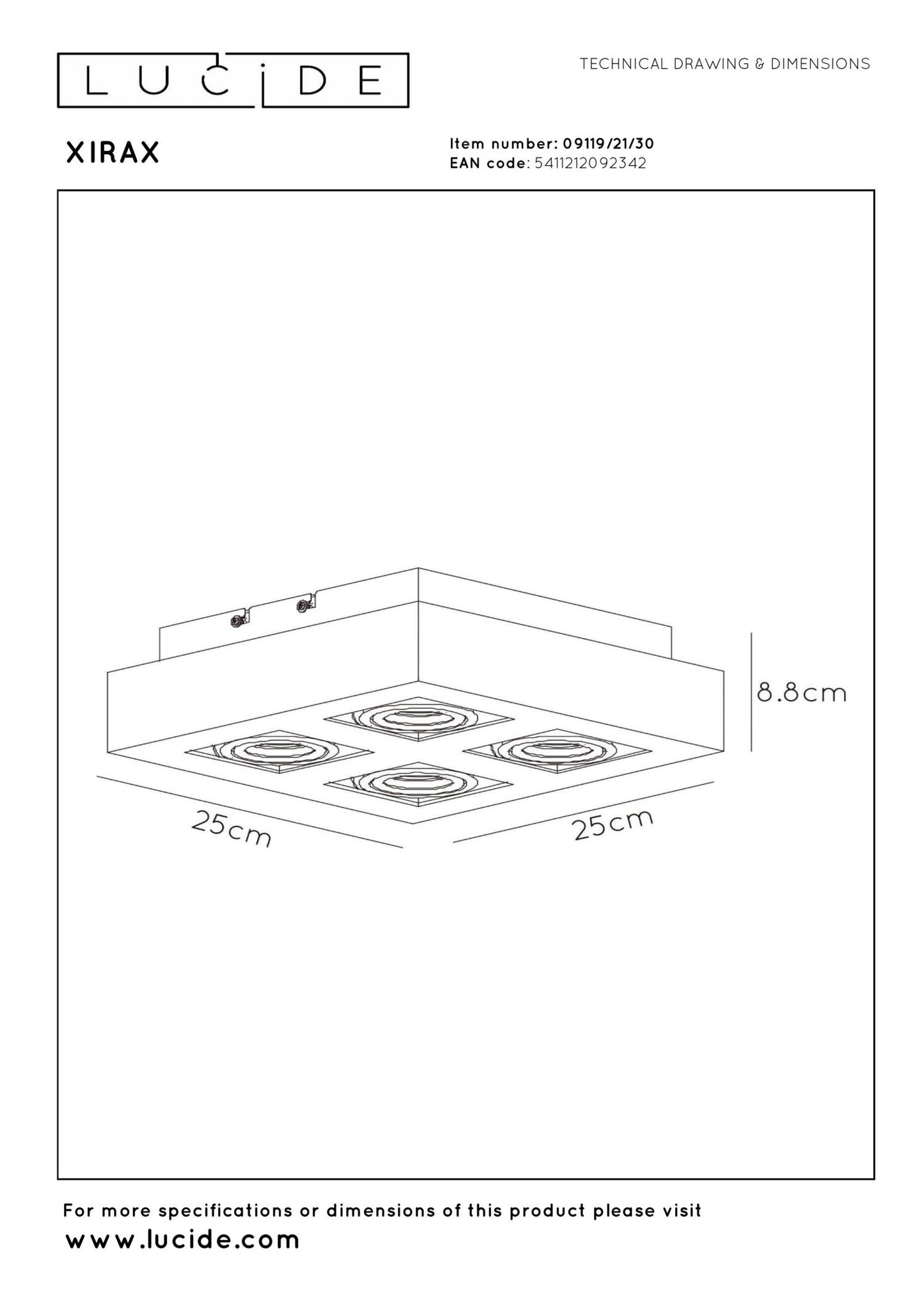 Plafondspot Xirax zwart 4-lichts incl. Led