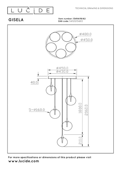 Hanglamp Gisela amber 5-lichts incl. LED