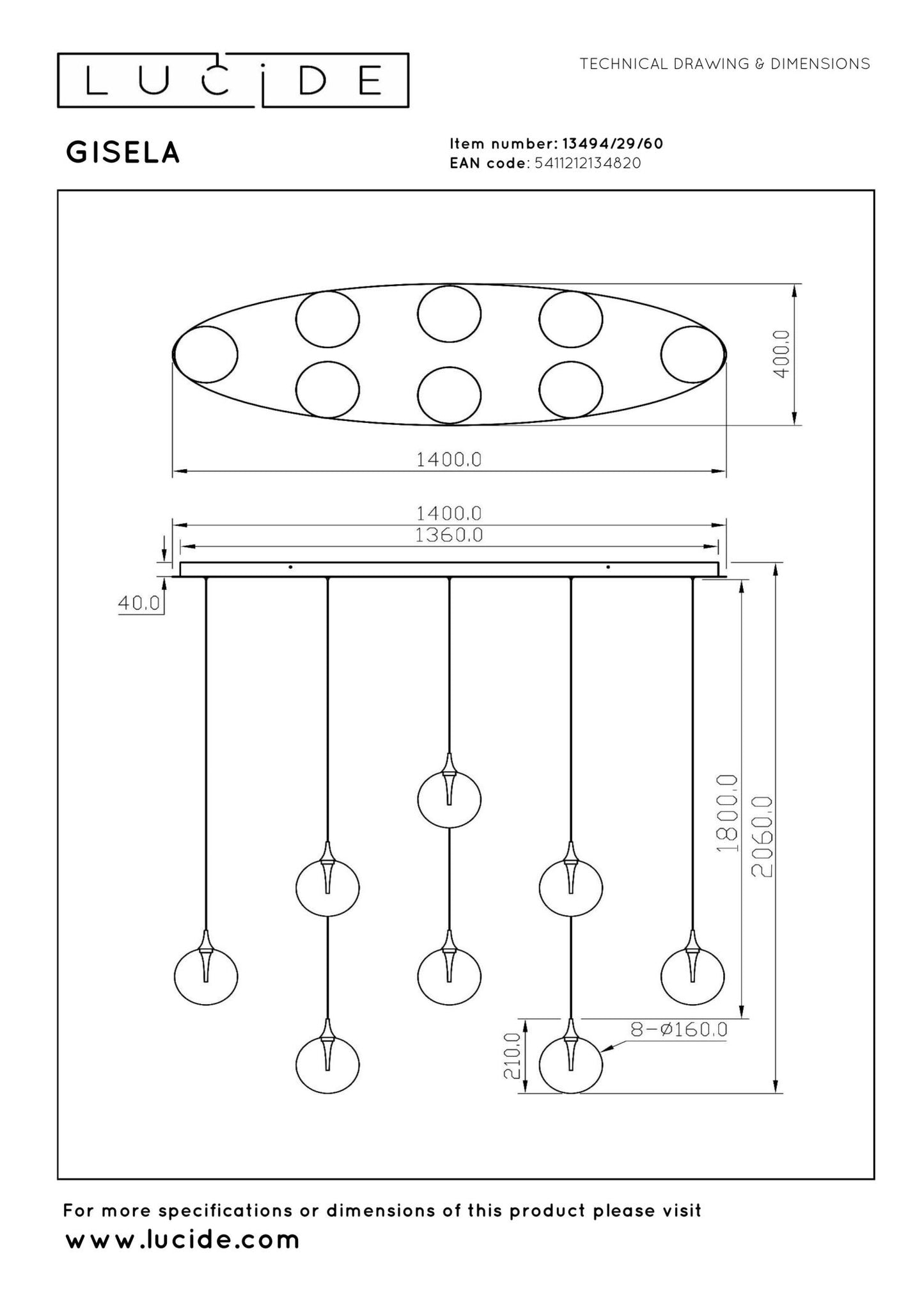 Hanglamp Gisela helder 8-lichts incl. LED