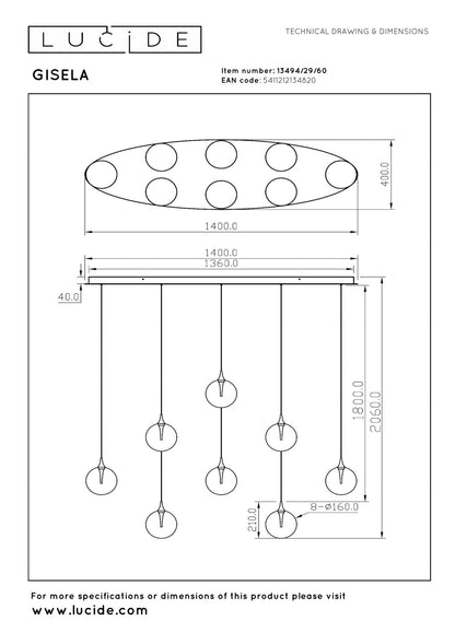 Hanglamp Gisela helder 8-lichts incl. LED