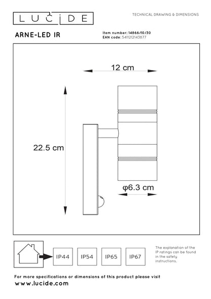 Wandlamp buiten Arne zwart bewegingssensor incl. 2xGU10