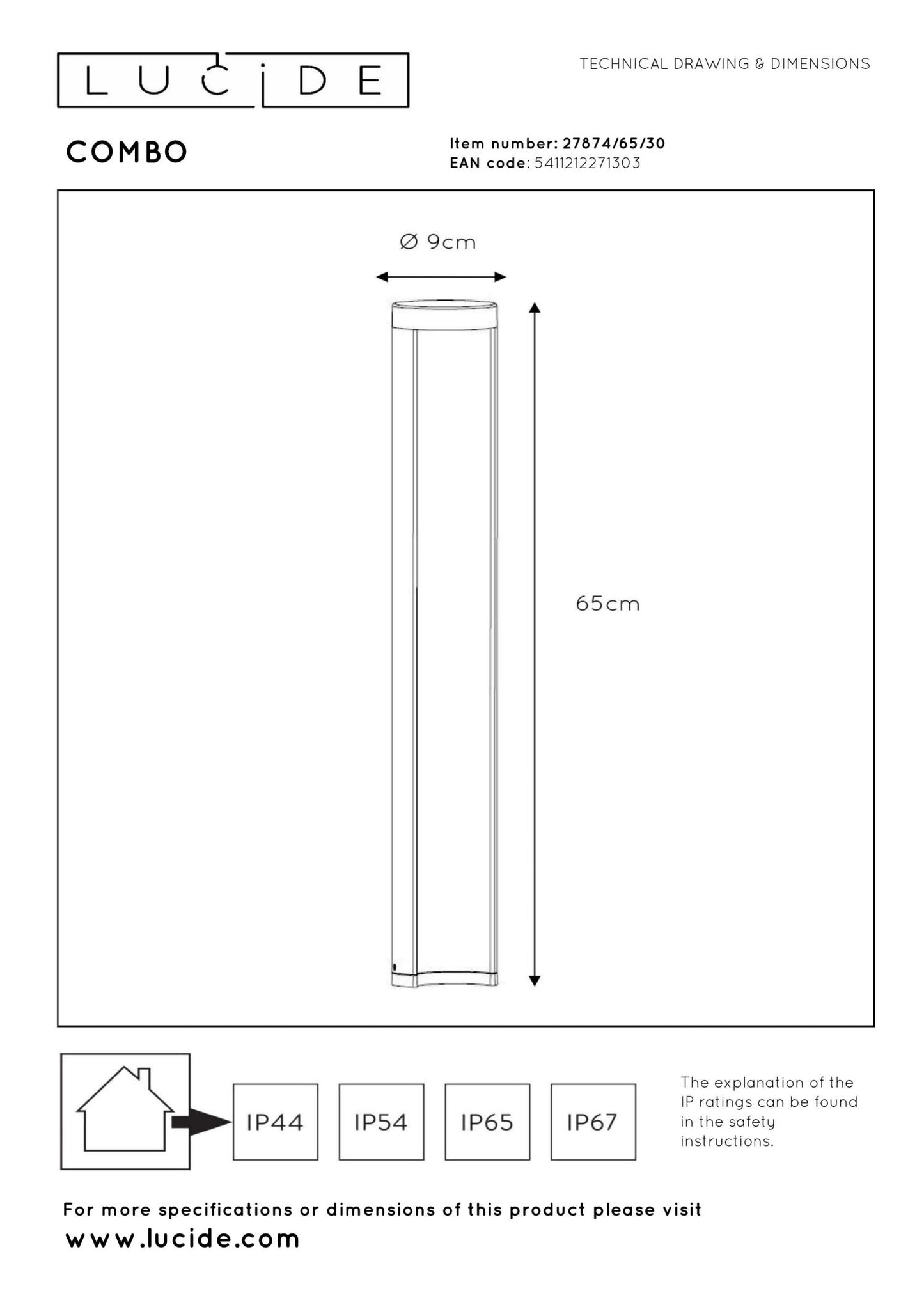 Sokkellamp buiten Combo 65cm incl. LED