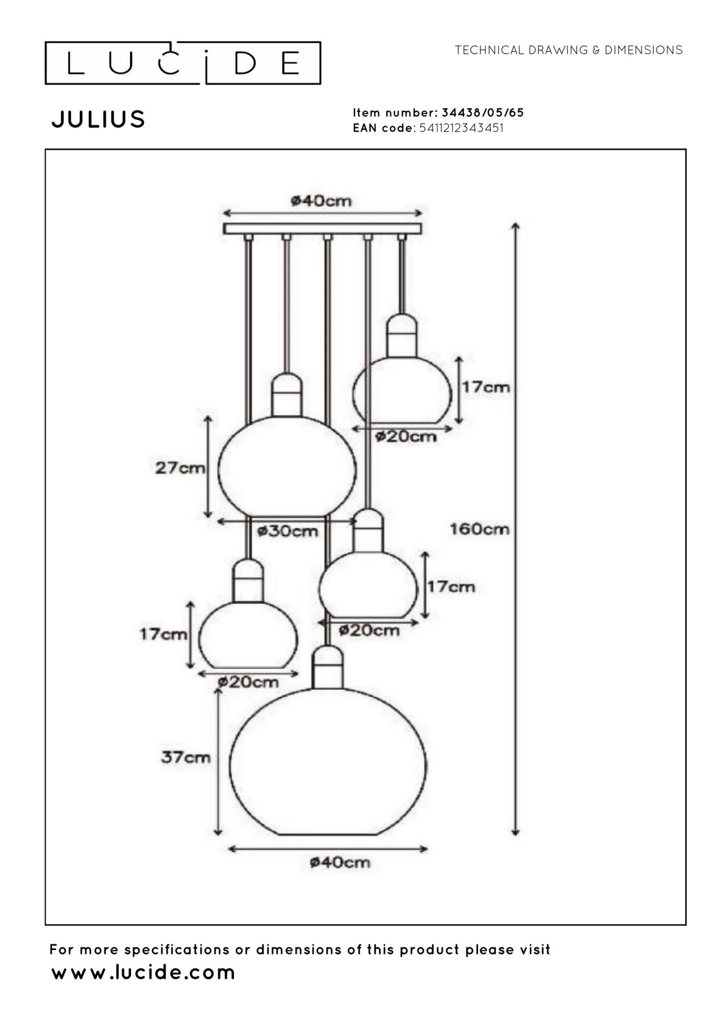 Hanglamp Julius 5-lichts smoke E27