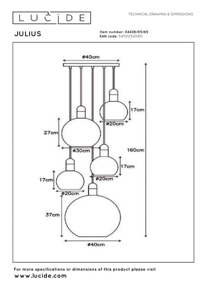 Hanglamp Julius 5-lichts smoke E27