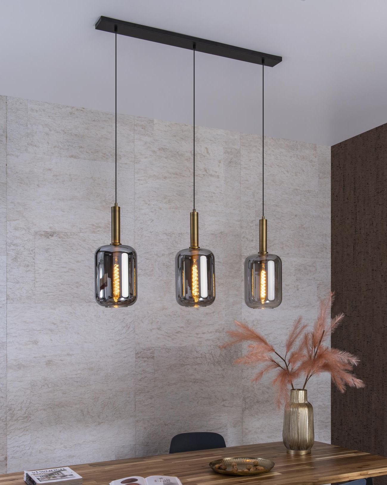 Hanglamp Joanet messing-smoke 3-lichts E27