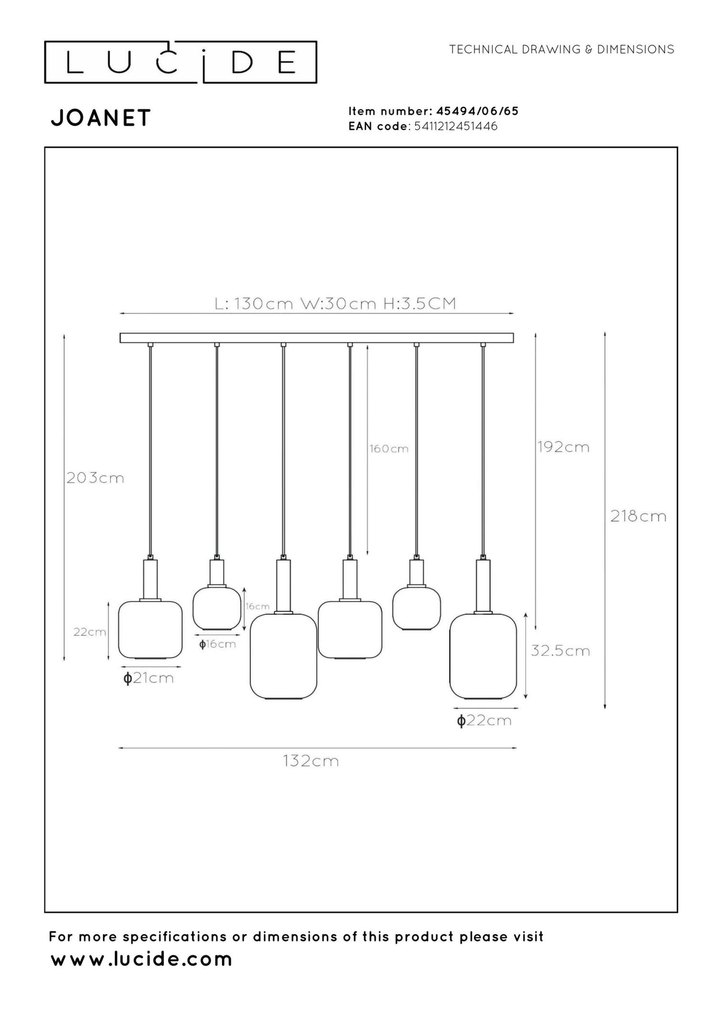 Hanglamp Joanet messing-smoke 6-lichts E27