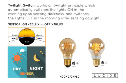 Lucide A60 gold 4W E27 dag- nacht sensor LED
