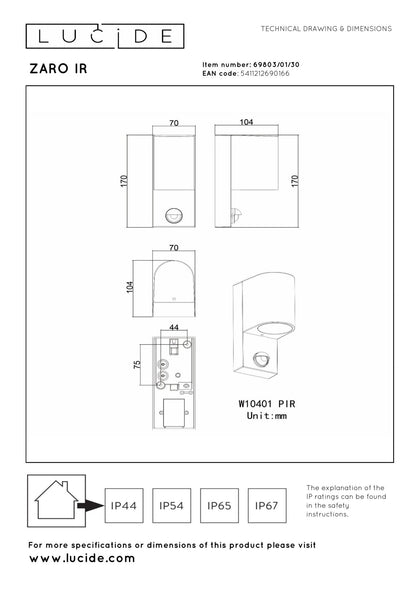Wandlamp buiten Zaro rond bewegingssensor 1xGU10