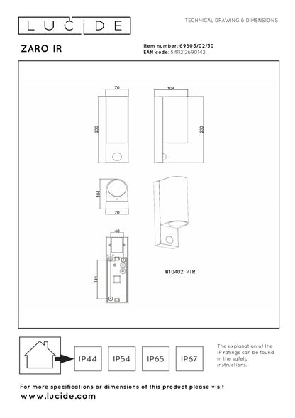 Wandlamp buiten Zaro rond bewegingssensor 2xGU10